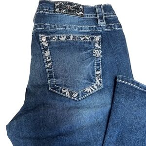 Miss Me Floral Embroidered Rhinestone Boot Cut Jeans Size 33 Y2K